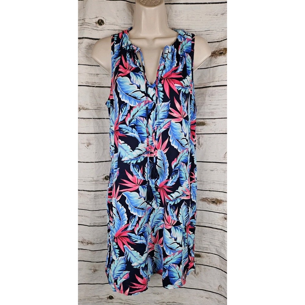 Tommy Bahama Tropical Floral Cover Up Dress M Nylon Tassel Ties Sleeveless